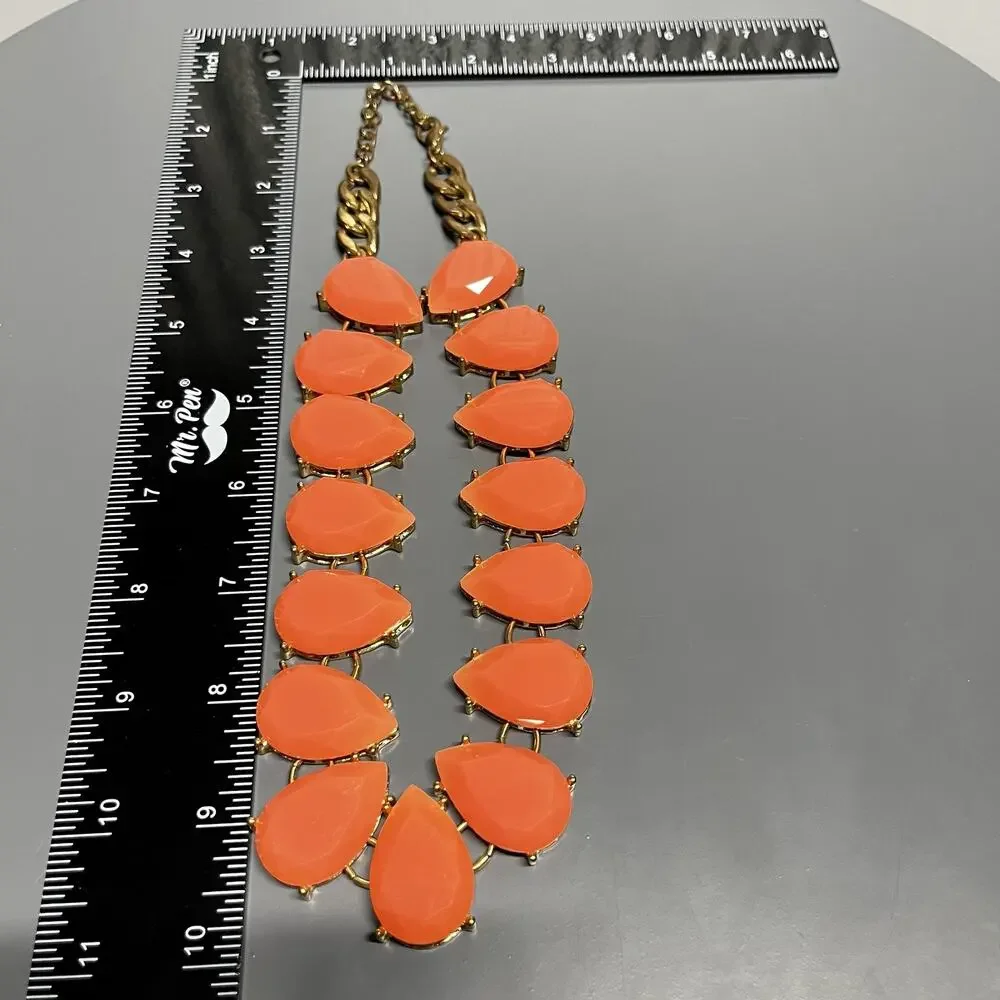 Statement Bib Necklace Gold Tone Peach‎ Teardrop Faceted Stones Adjustable Chain